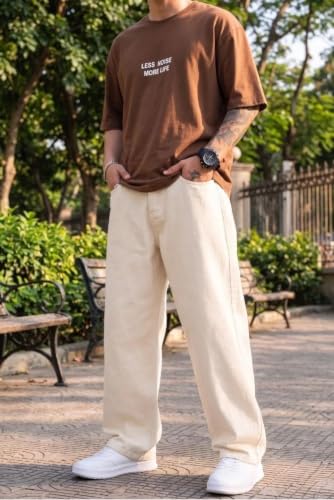 ROCKSTAR FASHION Men's Cream Wide Leg Baggy Jeans - Image 3