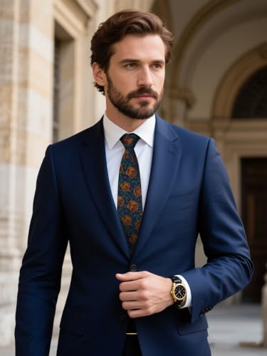Image of HISDERN Men Floral Ties Woven Classic 3.4 inch Necktie Set Formal Tie Pocket Square for Wedding with Handkerchief Gift Box
