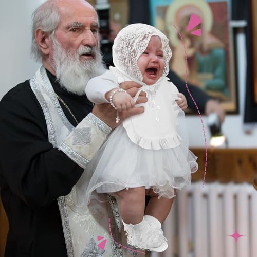 5 Pcs Christening Bib for Baby Girl White Baptism Bib Christening Socks Shoes Baby Bonnet Lace Hat Cross Charm Bracelet Baptism Outfits for Toddler Infant First Communion Gift 5