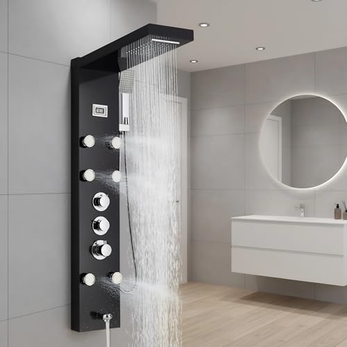 Shower Panel System Tower Thermostatic with 5 Functions, Shower Panel Column Tower Wall-Mounted with Waterfall, Rainfall Shower Head, 6 Body Jets and Bathtub Spout Black
