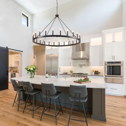 Rviezza 24-Light Black Wagon Wheel Chandelier Farmhouse, 48" Extra Large Chandeliers for High Ceilings, Round Matte Black Chandeliers for Dining Room, Kitchen Island, Foyer, Living Room, Entrance by Rviezza - Used condition - Image 7