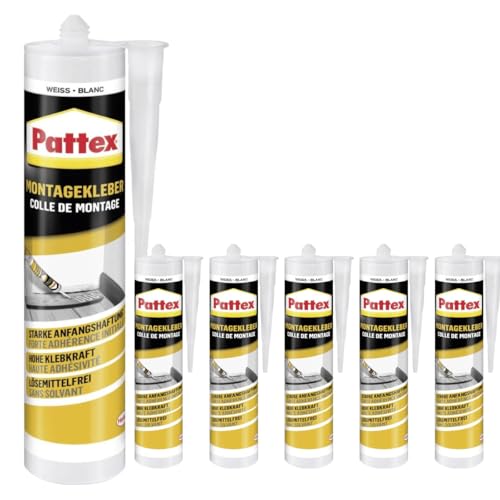 Montagekleber Weiß – Alleskleber für Metall Holz Stein PVC Kunststoff, starke Anfangshaftung, elastisch & spaltfüllend, innen & außen, wetterfest, lösemittelfrei, Temperaturbeständig (6 x 400g)