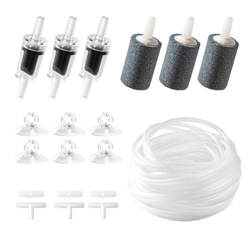 TAGMEIU Aquarium Air Line Kit, Air Pump Aquarium Accessories, with Black Air Stone, 10m Air Line Hose, Check Valve, Suction Cup, White Connectors