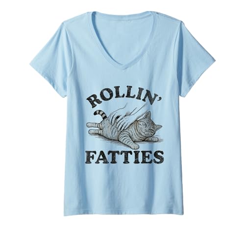 Womens Rollin' Fatties Funny Cat Belly Rub Kitten Humor V-Neck