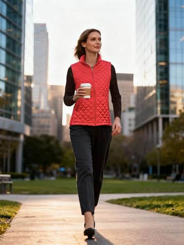 Bienzoe Kobiety Pikowane Casualowy Kamizelka: Lekki Możliwość Pakowania Bezrękawnik Kurtka Czerwony XL