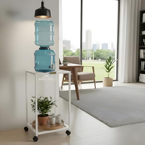 Image of 2-Tier Metal Water Dispenser Stand with Lockable Wheels ? Heavy-Duty Frame Cart for 20?25L Bottles, Cans & Jars | Multifunctional Kitchen & Home Storage and Mobility Solution (White)