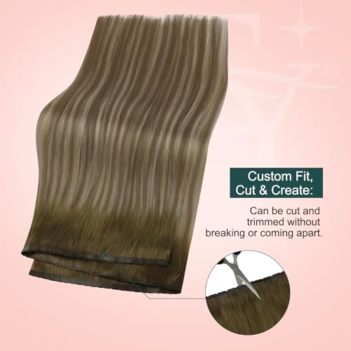 Image of Easyouth 80g Butterfly Weft Human Hair Extensions Balayage Human Hair Extension Sew in Dark Brown Ombre Light Brown with Blonde PU Hole Weft Extensions Breathable 16 In Invisible Genius Weft Extension