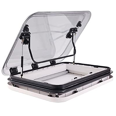 RV Roof Window, Caravan Skylight Trailer Roof Window Hatch with LED Light, RV Roof Vent Kit with White Net and Sunshade, 70° Opening Angle Clamping Installation Hole Size 27.6x19.7in/700x500mm