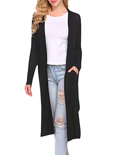Locryz Women Loose Long Maxi Flowy Cardigan with Slits Plus Size (XXL,Black)