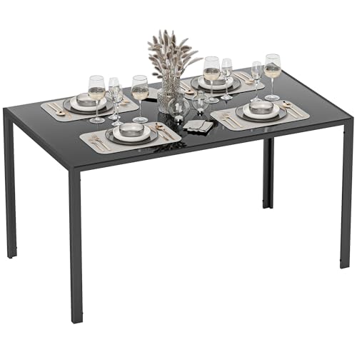 HOMCOM Table de salle à manger en verre rectangulaire pour 6 personnes avec pieds en métal, pour cuisine, salon, 140 x 80 x 75 cm, noir