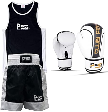 Prime Sports Kids Boxing 5-12 Years Uniform Top & Shorts Black-White Junior Boxing Set Gloves (1006) 4-oz (Black-White, Uniform 5-6 Years)