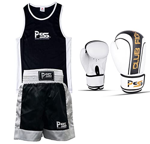 Prime Sports Kids Boxing 5-12 Years Uniform Top & Shorts Black-White Junior Boxing Set Gloves (1006) 4-Oz (Black-White, Uniform 5-6 Years) #TOP3