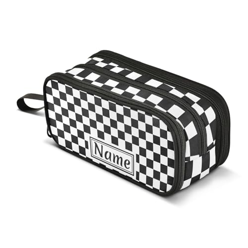 Image of Custom Black White Checkered Pattern Pencil Case Box Boys Girls Personalized Name Large Pencil Pouch Stationery Pen Bag Organizer for Kids Adults School