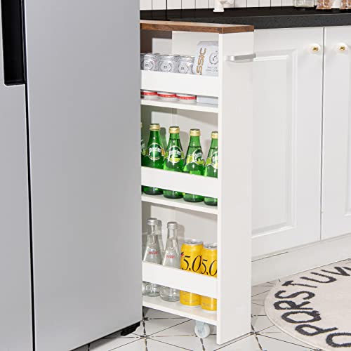 Costway Slim Rolling Storage Cart, 4-Tier Rolling Utility Cart, Wood Kitchen Storage Cart With Handle & Wheels, Narrow Rolling Shelving Unit For Kitchen Bathroom Laundry Small Places #TOP1