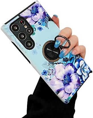 Lming Galaxy S23 Ultra Case with Finger Grip, Cute 3D Print Flowers Cover [Support Magnetic Car Holder] Dual Layer Shockproof Edge Soft TPU+Hard PC Phone Case for Samsung Galaxy S23 Ultra 6.8"(Blue)