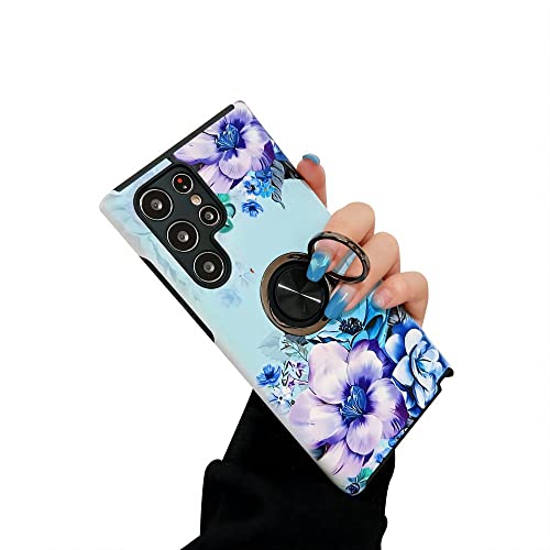 Lming Galaxy S23 Ultra Case With Finger Grip, Cute 3D Print Flowers Cover [Support Magnetic Car Holder] Dual Layer Shockproof Edge Soft Tpu+Hard Pc Phone Case For Samsung Galaxy S23 Ultra 6.8"(Blue) #TOP21