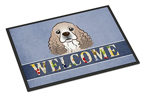 Caroline's Treasures BB1402JMAT Cocker Spaniel Welcome Doormat 24x36, Blue Front Door Mat Indoor Outdoor Rugs for Entryway, Non Slip Washable Low Pile, 24H X 36W