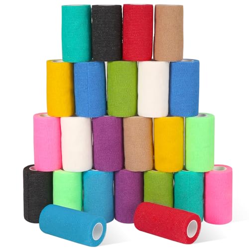 24 Pack Self Adhesive Bandage Wrap, 4” x 5 Yards Elastic Cohesive Bandage Wrap Self Adherent Medical Tape for Sports, Ankle, Wrist Sprains, Pet First Aid, Vet Wrap