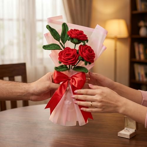 Image of Handmade Crochet Red Rose Bouquet, Artificial Forever Flowers, Acrylic Yarn, 25cm Height, Anniversary Birthday Valentine's Day Gift, 3 Roses with White Wrapping Paper and Red Bow