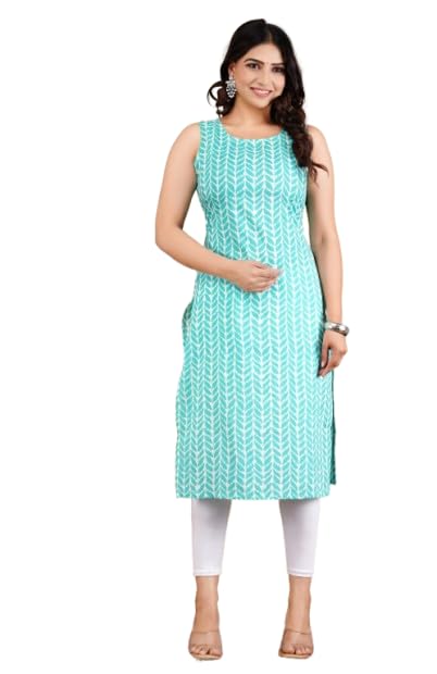 tqc Women's Cotton Blend Printed Sleeveless Straight Kurti for Girls-picture-13
