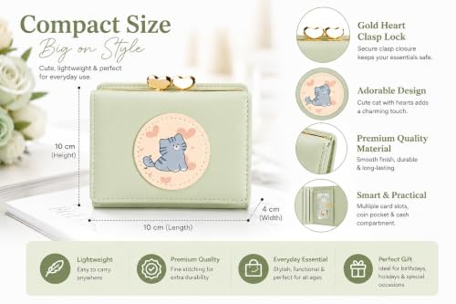 Image of Valerie Cute Small Wallets Clutch for Teen Girl Women PU Leather Trifold Small Wallet Cash Pocket 3D Buckle Card Holder Coin Purse with ID Window for Girls Women (Green cat)
