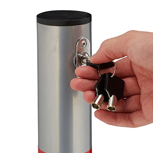 Relaxdays Absperrpfosten, klappbar, Stahl, Sperrpfosten Parkplatz, HxBxT: 65 x 15 x 13 cm, Signalstreifen, Silber/rot