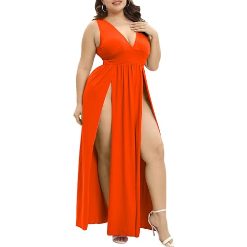 Image of SILUI Women's Summer 2026 Sexy Double High Slit Deep V Neck Plus Size Sundresses Thigh Split Maxi Club Party Dresses