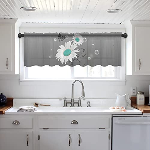 Sheer Valance, Daisy Butterfly Bubbles Valance Curtains For Kitchen Bathroom, Rustic Teal Blue Grey Voile Window Curtain Tier Linen Semi Window Treatment Rod Pocket Valance, 1 Panel 54X18 Inch #TOP4
