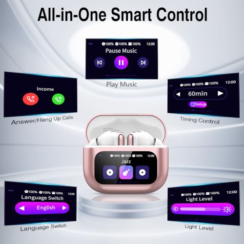 Image of Thunelec Wireless Earbuds with Touch Screen, 2026 New Bluetooth 5.4 Headphones with ANC /ENC Mic, 50H HiFi Stereo Ear Buds with 5 EQ Modes, Transparency Mode, IPX7 Earphones for Running, Rose Glod