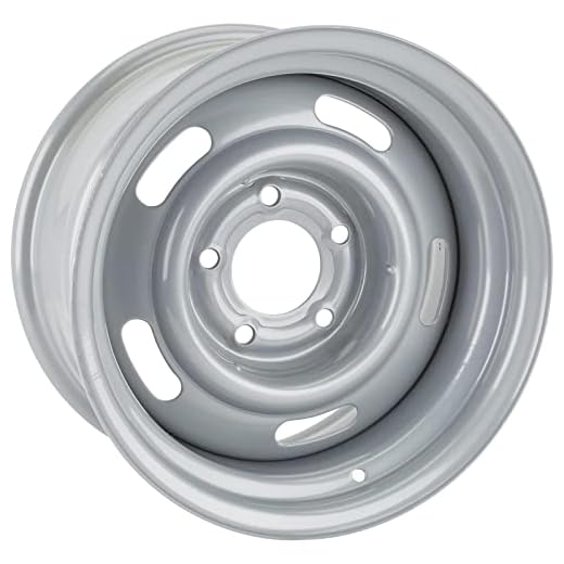 Speedway Motors Steel GM-Style 15” x 8” Silver Rally Truck Wheel, 4.25” Wheel Backspacing, 5 on 5 Direct-Fit Bolt Pattern, Rear-Wheel Drive Vehicle Only