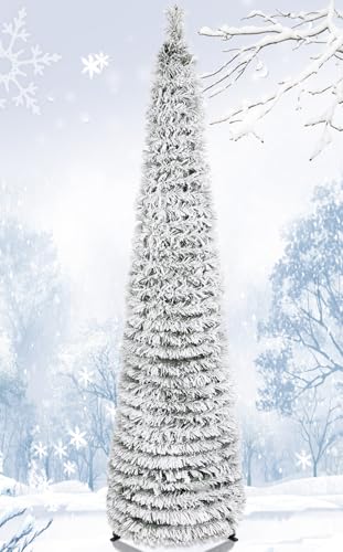 HMASYO 5 FT Pop Up Christmas Tree with Timer Lights, Collapsible Snow Flocked Pencil Christmas Tree, Artificial Slim Xmas Tree for Indoor Home Apartment Porch Holiday Party Decorations