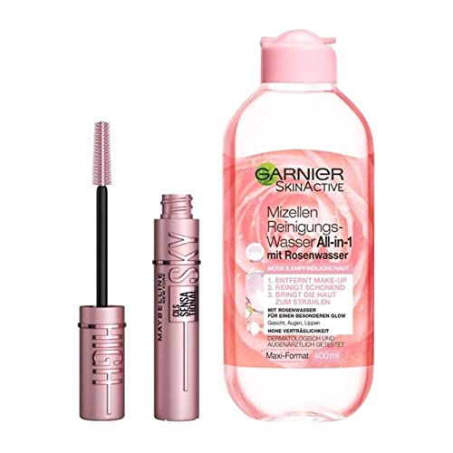 Garnier und Maybelline New York Make-Up Routine Set, Mit Mizellen Reinigungswasser mit Rosenwasser und Sky High Mascara, Für lange Wimpern und einfaches Abschminken, 2-teilig