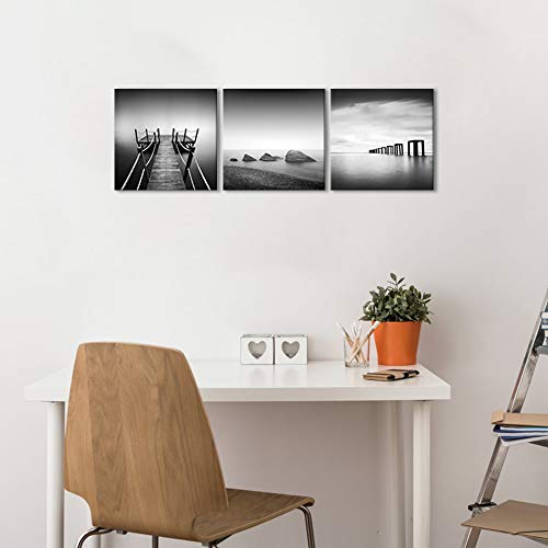Artsbay 3 Piece Black And White Beach Pier Seascape Canvas Print Stone Wooden Jetty Picture Horizon Landscape Painting Wall Art Decor Framed For Home Office Bedroom Decoration Each Size 12" X 12" #TOP4