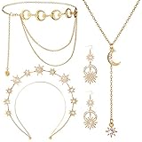 Glenmal 4 Pieces Celestial Jewelry Moon Stars Crown Necklaces and Body Chain Headband Drop Earrings for Women(Gold)