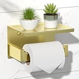 HITSLAM Gold Toilet Paper Holder, Stick on Brushed Brass Toilet Paper Holder with Shelf, Self Adhesive No Drill or Wall-Mount with Screws for Bathroom