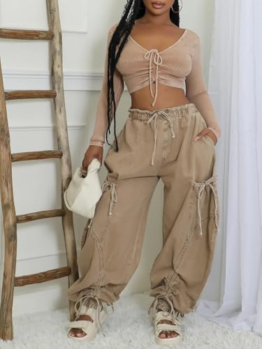 Famnbro Womens Barrel Jeans Baggy Cargo Jogger Y2k Drawstring Bow Jeans Sweatpants Wide Leg Denim Pants3