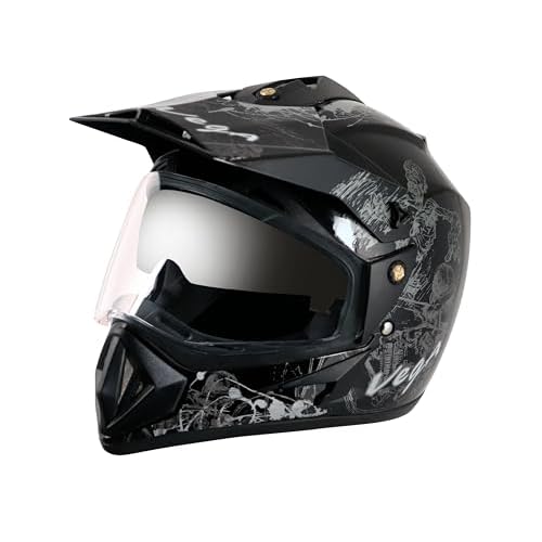 Vega Off Road Sketch ISI Certified Gloss Finish Full Face Dual Visor with Peak Helmet for Men and Women Outer Clear Visor and Inner Smoke Sun Visor(Black Silver, Size:M)