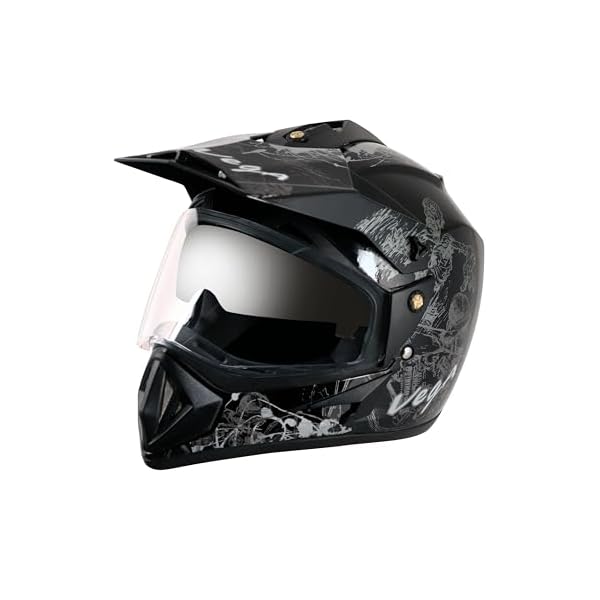 Vega Off Road Sketch ISI Certified Gloss Finish Full Face Dual Visor with Peak Helmet for Men and Women Outer Clear Visor and Inner Smoke Sun Visor(Black Silver, Size:M)