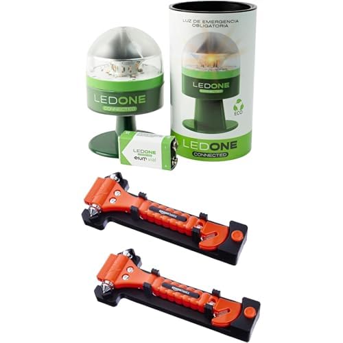 LEDONE Connected - Baliza V16 Homologada DGT, obligatoria para 2026 con SIM y Datos hasta 2038 + Amazon Basics Cortador de cinturón de seguridad y martillo rompecristales de emergencia, Paquete de 2