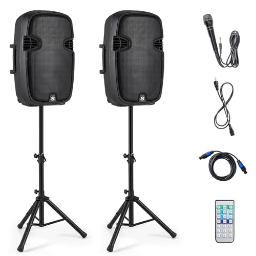 GOFLAME Portable 15' PA Speaker System Set, 3000W 2-Way Loudspeaker with Active + Passive Speaker, High Powered DJ Speaker with Bluetooth, USB/SD Card Reader, Stands, Microphone, Remote Control