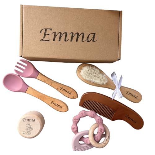 Coffret cadeau naissance bébé personnalisé prenom - Bebe fille et garçon-brosse à cheveux - hochet personnalisé - boite dents de lait personnalisée- set de couvert personnalisé