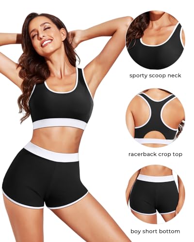 Image of Women Two Piece Sporty Bikini Set Athletic Swimsuits with Boy Shorts Bottom | Racerback, Crop top, Drawstring, Bathing suits, Mid Rise, Padded bra, Full lining, Scoop neck, Full coverage