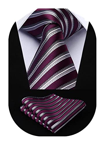 Image of HISDERN Stripe Tie Mens Ties with Pocket Square Set Classic 3.4'' Silk Formal Necktie Handkerchief for Business Wedding