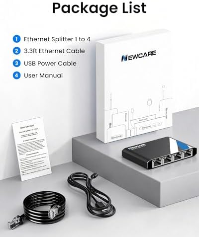 NEWCARE Gigabit Ethernet Splitter 1 to 4 with 3.3ft LAN Cable, 1000Mbps High Speed 1 in 4 Out RJ45 Multi Port Internet Splitter for Cat5e/6/7/8, 4 Devices Simultaneously Networking, Plug & Play — view 8