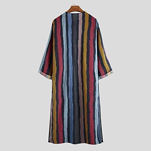 FIOMVA Men's Muslim Dresses Long Sleeve Striped Henley Shirts Kaftan Muslim Long Gown Thobe Robe for Men3