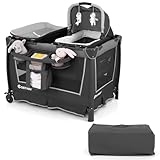 COSTWAY 5 in 1 Beistellbett Baby, Reisebett mit abnehmbarem Stubenwagen & Wickelauflage, Kinderreisebett mit Matratze, Tragetasche & Rollen, Babybett faltbar & tragbar, 103 x 74 x 73 cm (Grau)