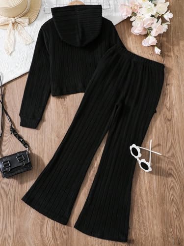 GORGLITTER Girl's 2 Piece Outfits Set Ribbed Knit Long Sleeve Hoodie Sweatshirt and Flare Pants2