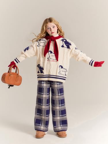 Girls Knit Turtleneck Sweater with Cartoon Penguin Print,Thick Warm Pullover Winter White Jumper for Kids 6-16Y3
