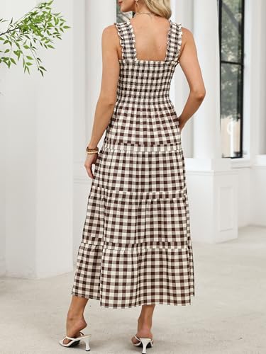 Image of Caracilia Womens Summer Maxi Dresses Floral Smocked Sleeveless Ruffle Boho Casual Flowy Aline Beach Vacation Long Sundress