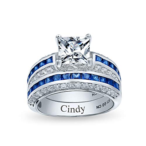 Personalize 3CT Art Deco Style Blue Square Princess Cut Solitaire Clear AAA CZ Engagement Anniversary Wedding Ring Set For Women Rose Gold Plated .925 Sterling Silver Customizable4